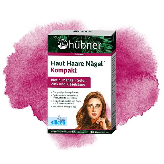 Haut Haare Nägel Kompakt 30 St Packung mit pinkem Farbklecks im Hintergrund